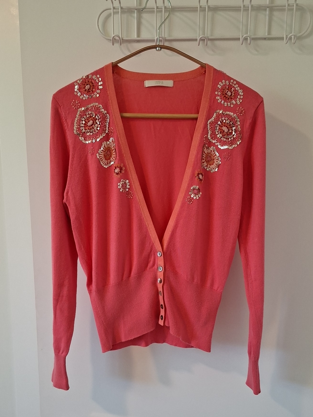 Marks & Spencer Vibrant Coral Beaded Floral V-neck Cardigan (UK 10; US S)